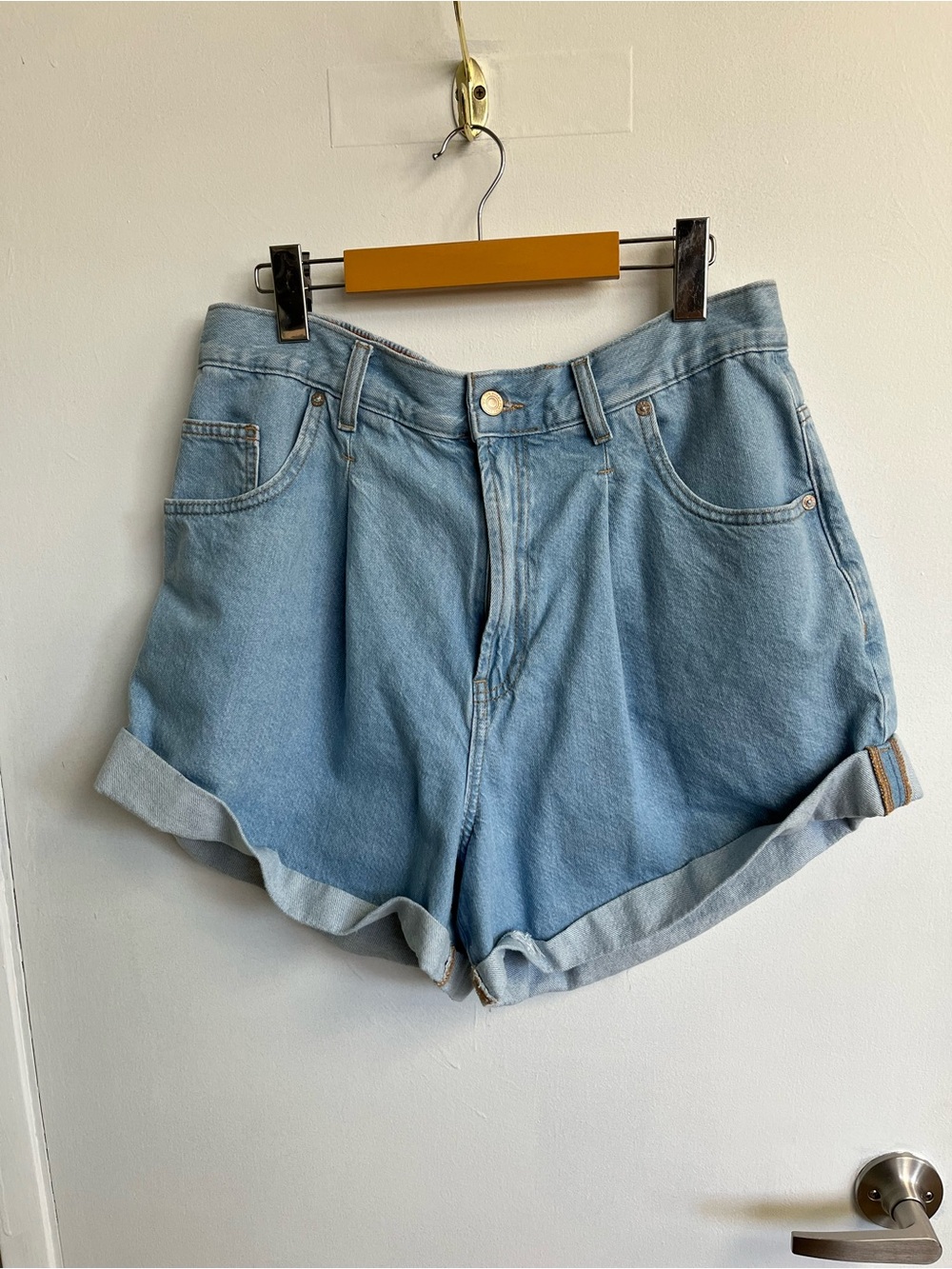 We The Free Light Blue High-Rise Rolled-Hem Denim Shorts